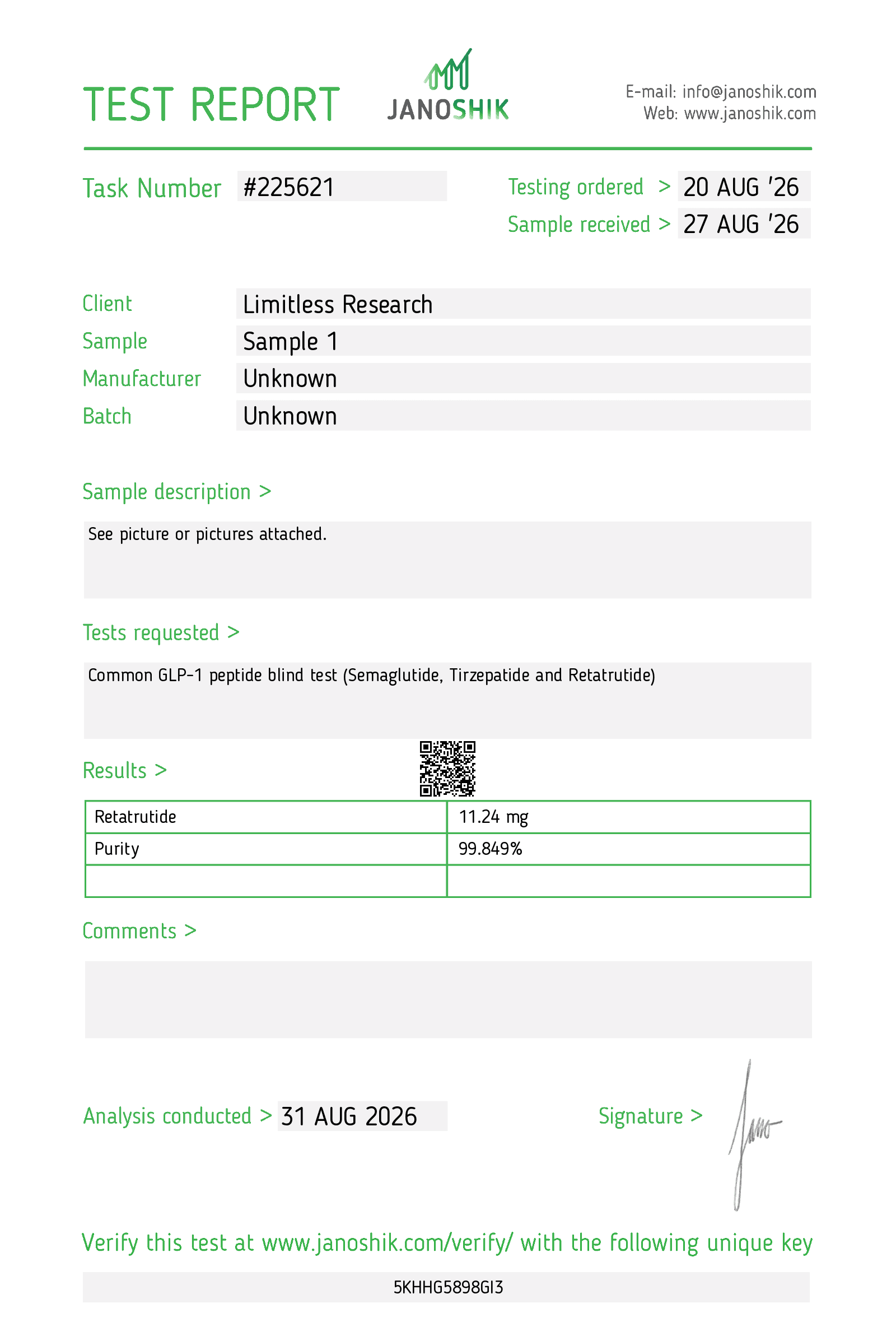 Rapport d'analyse Janoshik n° 225621 — Retatrutide, client Limitless Research